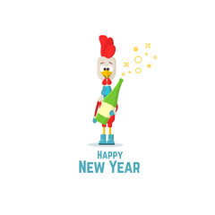 Happy New Year. Red rooster with champagne bottle. Flat Vector illustration.