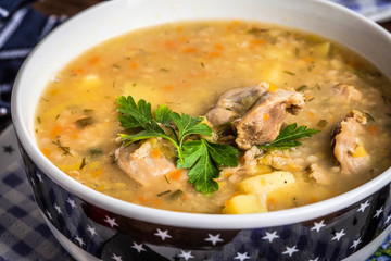 Soup with barley and chicken gizzards.