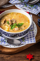 Soup with barley and chicken gizzards.