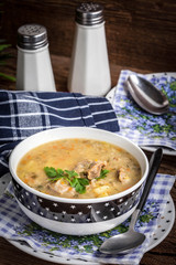Soup with barley and chicken gizzards.
