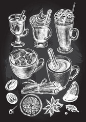 Hand drawn set of warming beverages. Vector isolated elements, collection of hot drinks and spices. Template for menu design, posters, flyers.