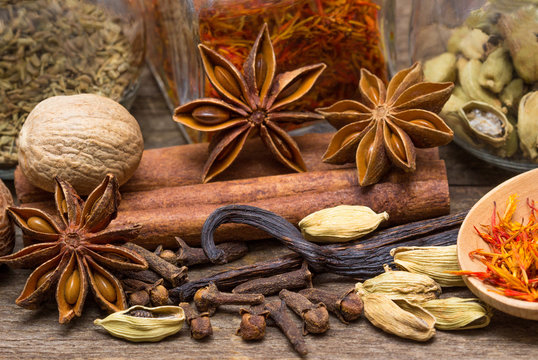 Spices for desserts on the wooden table