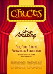 Circus show poster template with sign and light frame. Festive Circus invitation. Vector carnival show illustration