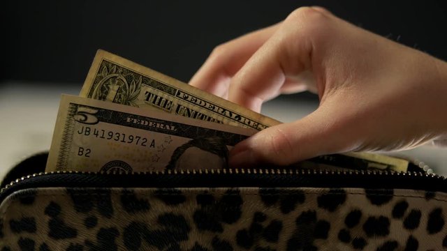 The female hand pulls out and counts the money in her purse