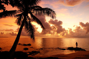 Colorful sunrise  on the beach in Lavena village in Taveuni Isla
