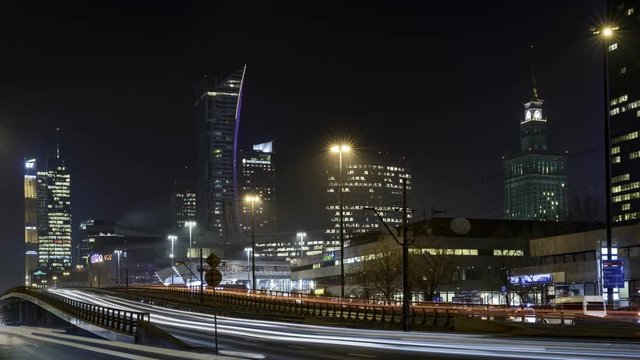 Warsaw downtown during the night time lapse, Poland