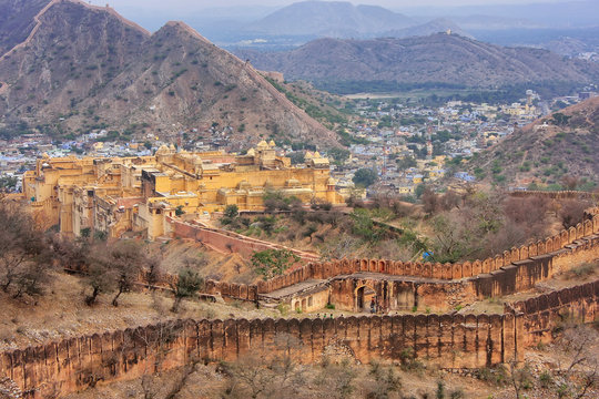 Amber Fort and defensive walls of Jaigarh Fort in Rajasthan, Ind