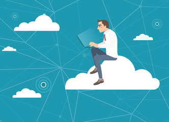 Business man using a tablet sitting on a cloud with social media. Vector illustration