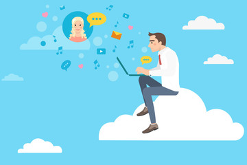 Young man sits on a cloud and chat with girl. Business people man and woman talking discussing online.