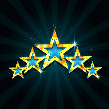 Retro Light Sign. Five Gold Stars On Dark Blue Background With R