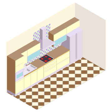 Axonometric view of the modern kitchen . Modern kitchen with large refrigerator , extractor  hood , sink , cooktop , oven and cupboards for different products and equipment.