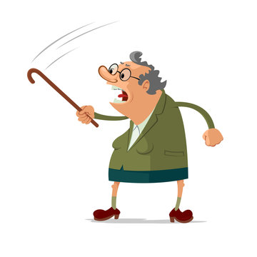 Angry old woman scolding someone, waving her cane