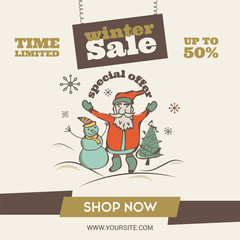 Winter sale social network banner. Beige background, snowflakes, tree, snowman and santa. Square