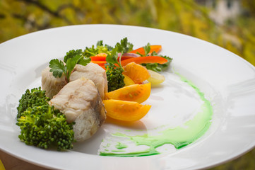 Boiled seabass with steamed vegetables - totally healthy meal. Close-up