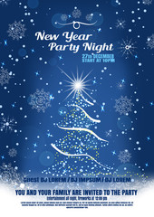 Naklejka na ściany i meble Vector New Year night party poster on the dark blue gradient background with Christmas tree, snowflakes pattern and snowfall.