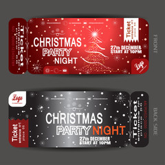 Vector Christmas night party ticket on the dark red and gray gradient background with Christmas tree, snowflakes and snowfall.