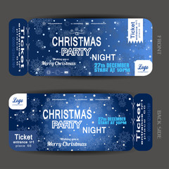 Vector Christmas night party ticket on the dark blue gradient background with snowflakes pattern and snowfall.