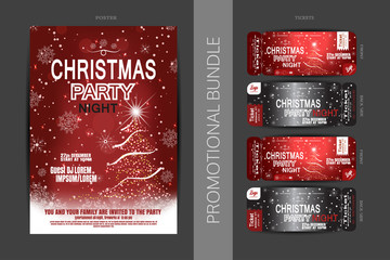 Vector Christmas night party promotional bundle of red posters and tickets with Christmas tree, snowflakes pattern and snowfall on the dark gray background.