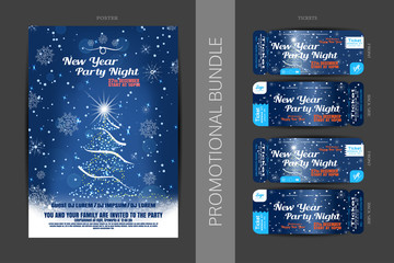 Vector New Year night party promotional bundle of blue posters and tickets with Christmas tree, snowflakes pattern and snowfall on the dark gray background.