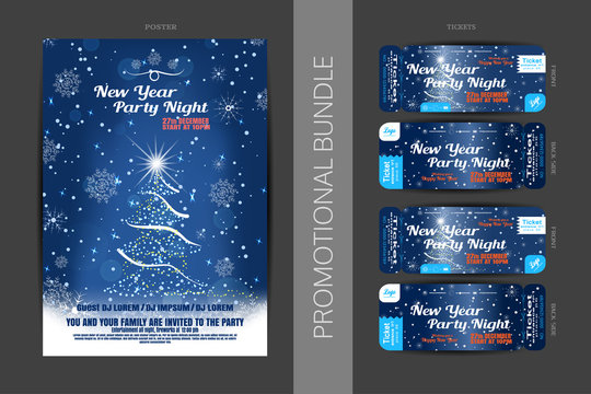 Vector New Year night party promotional bundle of blue posters and tickets with Christmas tree, snowflakes pattern and snowfall on the dark gray background.