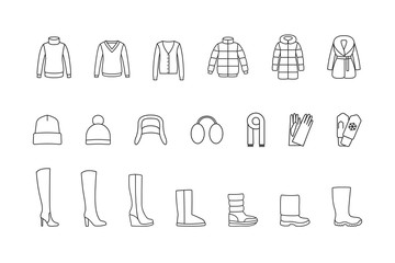 Winter clothes, shoes line icons set. Vector