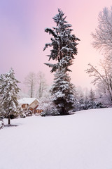 Colorful sky over suburban home and garden at the end of a snowy day