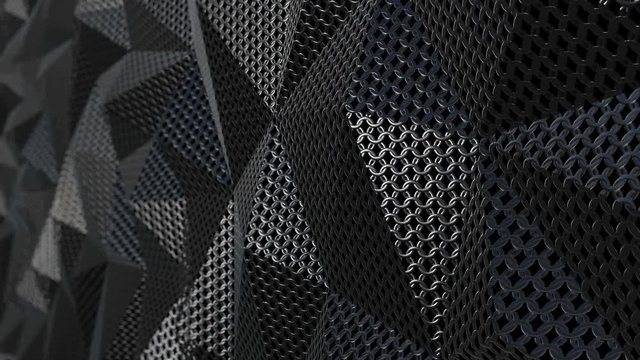 Metallic chain armor abstract geometric triangular background seamless loop. 3D animation