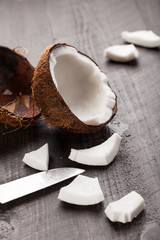Opening up and carving a raw coconut macro shot