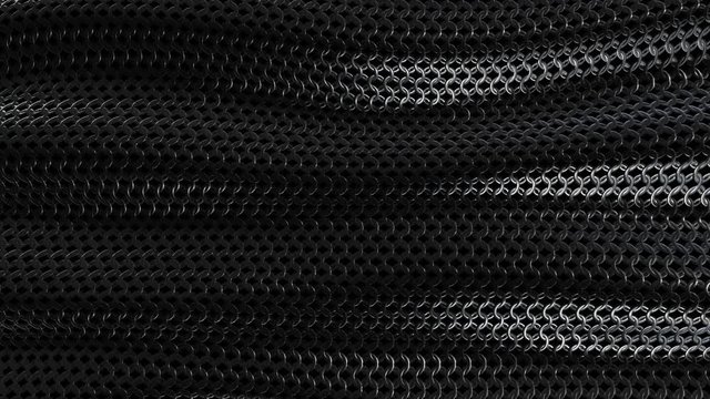 Dark metallic chain armorabstract wave curve background seamless loop. 3D animation