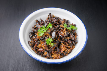 Food insect, Fried crickets in iron bowl on wooden table, Thai f