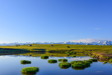 Grassland, snow mountains, wood huts, horse rider, green grasses and blue sky in Xinjiang, China.