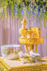 Traditional Thai Wedding ceremony atmoshphere decoration and artifacts. Selective focus