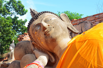 reclining buddha statue at wat phutthaisawan temple in ayutthaya (thailand)