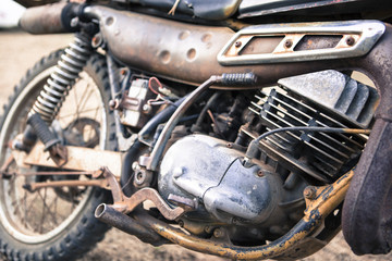 Old rusty dirt bike engine close up