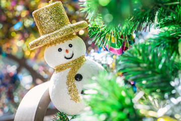 Close up of snow man and bokeh background, Christmas background.