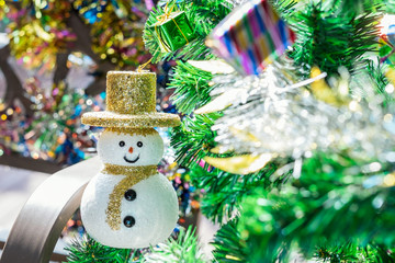 Close up of snow man and bokeh background, Christmas background.