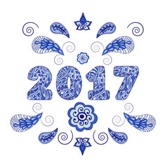 Card decorated with figures in 2017 with elements of zenart isolated on white background.