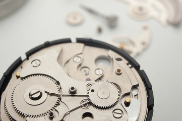 Detail of watch machinery on the table.