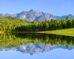 Reflection of Mount Kinabalu during blue sky
