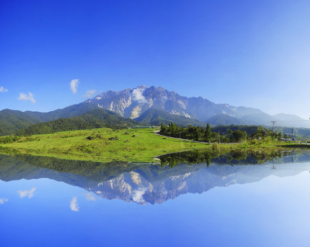 Reflection Beautiful View of Mount Kinabalu During Blue Sky.