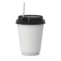 Disposable coffee cup with paper straw . Blank paper mug with plastic cap. 3d render isolated on white background
