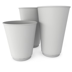 Disposable coffee cups. Blank paper mug. 3d render isolated on white background