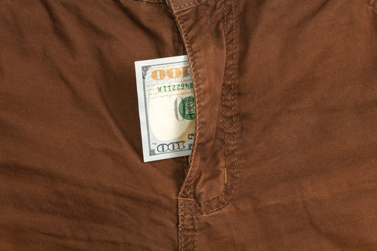 hundred dollar bill inside  codpiece brown jeans