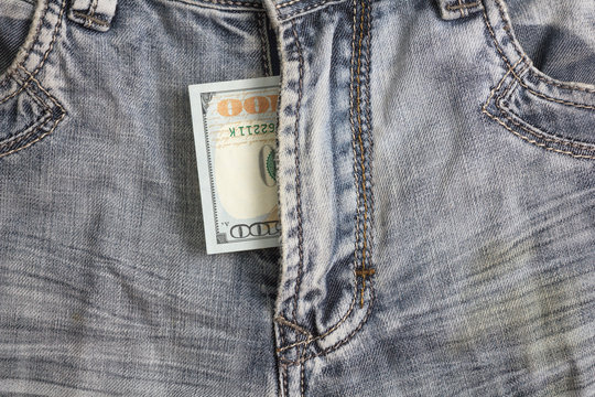 hundred dollar bill inside  codpiece blue jeans