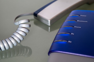 close up, detail of a isdn router with telephone, led off