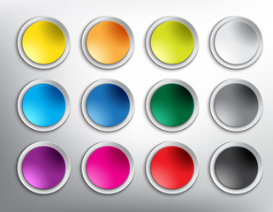 Abstract vector web buttons set of 12. Set of blank colorful and round paper buttons for website or app. Isolated with realistic light and shadow on the white background. Vector illustration. Eps10.