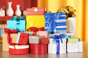 Set of gift boxes on color background
