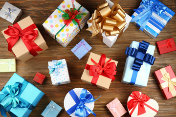 Set of gift boxes on wooden background