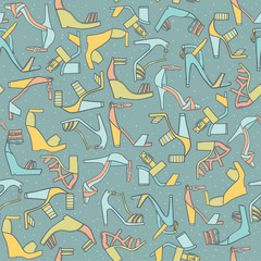 Obraz premium Seamless fashion pattern on blue background in pastel colors. Lots of various flat doodle sandals on high cone or platform heels. Beautiful footwear, hand drawn, good for wrapping paper and design.