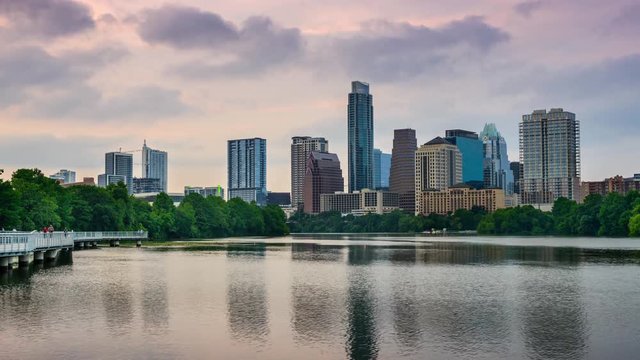 Austin, Texas, USA skyline time lapse on the Colorado River.